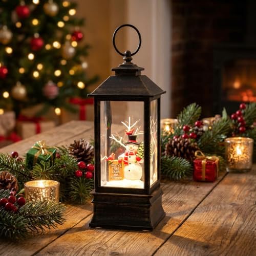 christmas snow globe lantern, snowman & red cardinal, main product view
