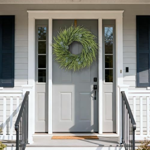 26" artificial eucalyptus with fake saw grass wreath, close-up detail