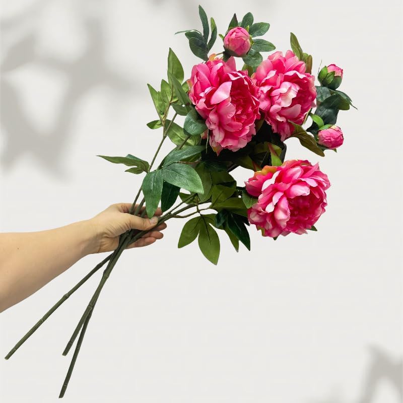 Peonies Artificial Flowers,Silk Flowers with Stems,Winter Flowers Artificial for Decoration,Long Stem Artificial Flowers for Tall Vase,Wedding Table Centerpiece Party Decor (3, Deep Pink)