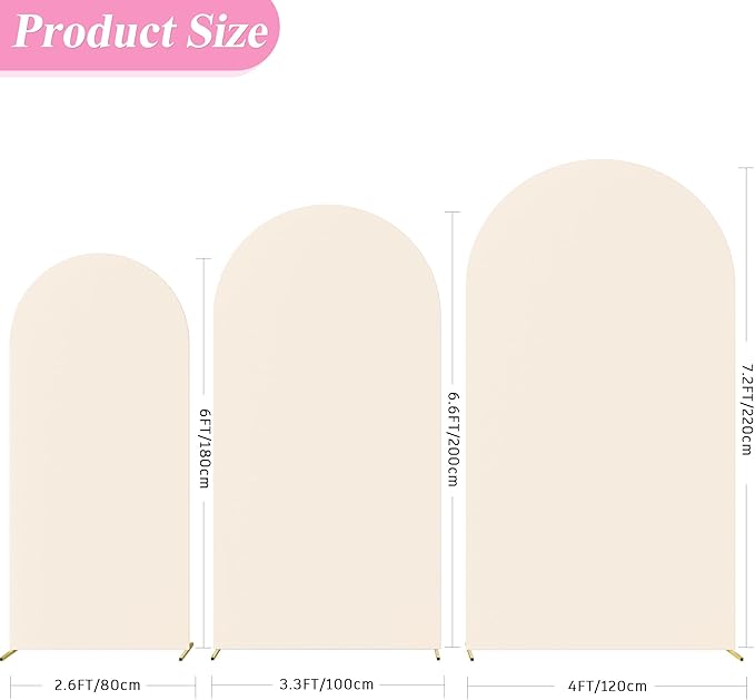Fomcet Wedding Arch Cover 7.2FT, 6.6FT, 6FT Beige Spandex Fitted Fabric Arch Backdrop Cover Set of 3 Round Top Chiara Backdrop Stand Covers for Wedding Ceremony Birthday Party Baby Shower Decor