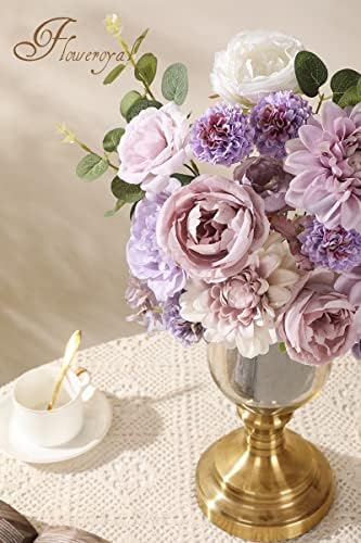 Floweroyal Artificial Flowers Combo Purple Flowers Mix Silk Flowers Dahlia Roses with Stems for DIY Wedding Bridal Bouquets, Baby Shower, Floral Arrangement, Table Centerpieces, Home Decorations.