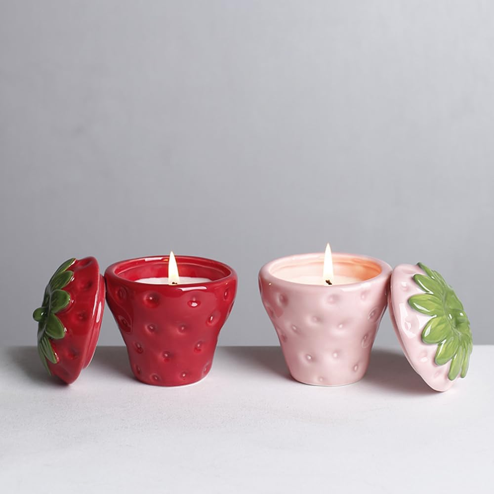 Strawberry Shaped Ceramic Candle Jar with Lid, Home Decor Aromatherapy Candlestick, Easter Bonus Candy Chocolate Storage jar (Red)
