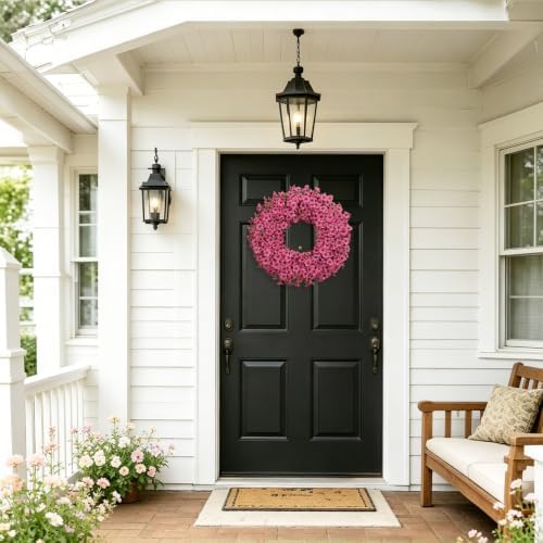20" fuchsia artificial floral wreath for front door on a desk or shelf