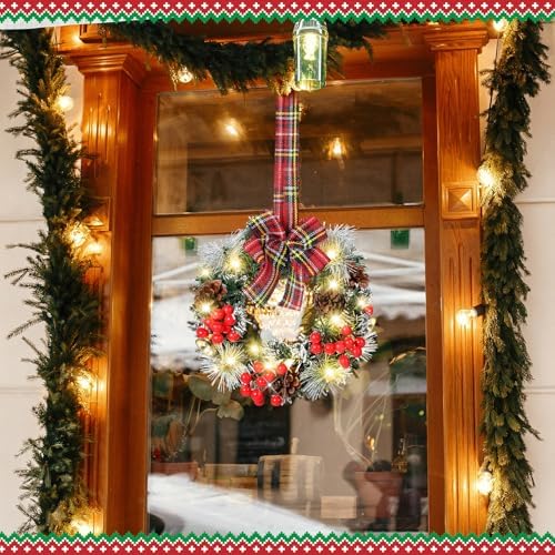 mini christmas cabinet wreath with lights, red black showing dimensions