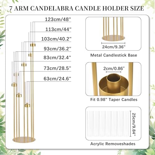 Gold Candelabra Wedding Centerpieces for Tables,Floor Candelabra Candlestick Holders 7 Arm Candle Holder Acrylic lampshade for Party Event candelabros para centros de mesa Fit 0.98" LED Candle
