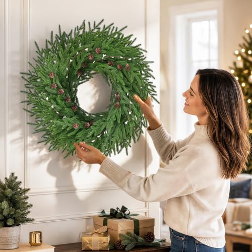 26'' christmas wreath with lights for front door, front angle view