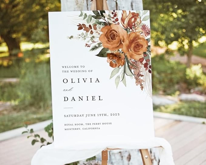 Boho Terracotta Wedding Welcome Sign Template, Floral Burnt Orange Rose Reception Decor Sign, Printable Modern Elegant Large Signage