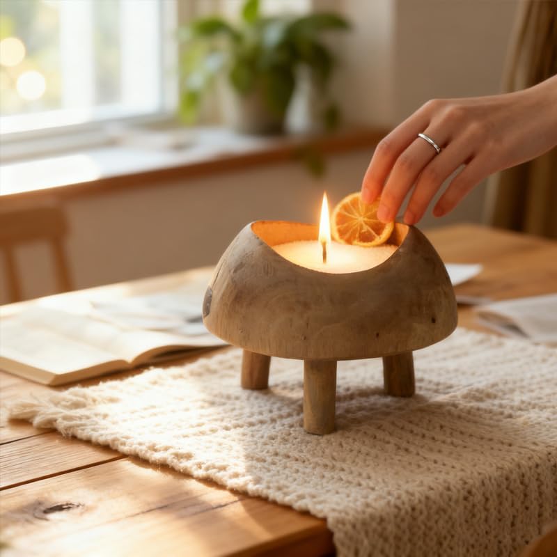 Rustic Wooden Candle Bowl with 18 Oz Refillable Pearled Candle | Sand Candles with 30 Wicks DIY Candle Making Kit Votive Stand Pedestal Holder Decorative Footed Snack Fruit Freeform (White)
