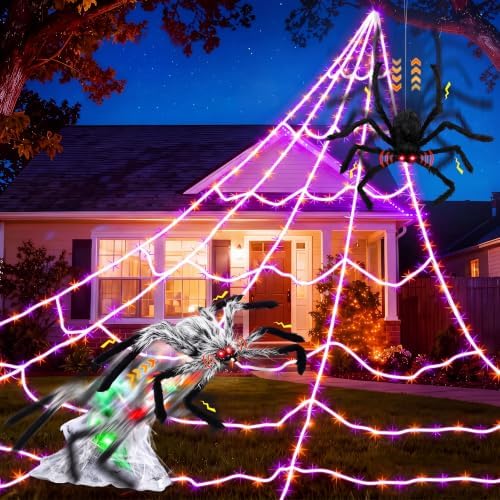 halloween spider web lights decor+2 animatronic 34'' jumping on a desk or shelf