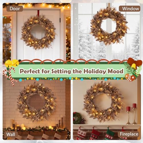 goplus 24 inch pre-lit christmas wreath, battery operated, close-up detail