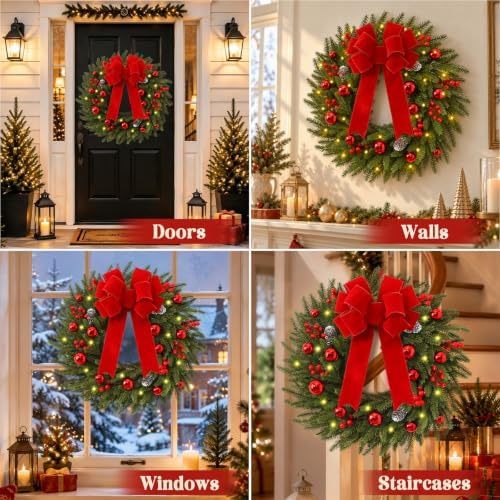 24'' christmas wreath with lights, christmas norfolk wreaths, front angle view