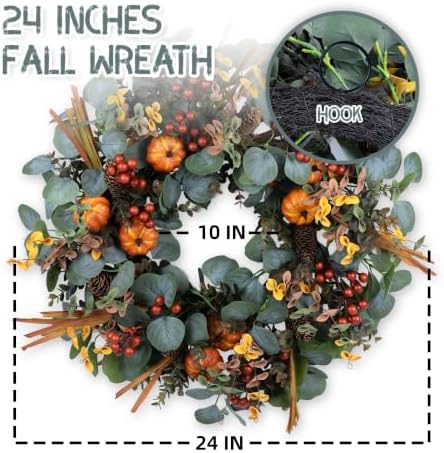 24" eucalyptus fall wreath with pumpkin foliage for shown in use