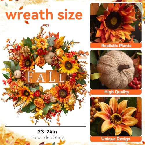 24 inch fall wreaths for front door autumn, close-up detail