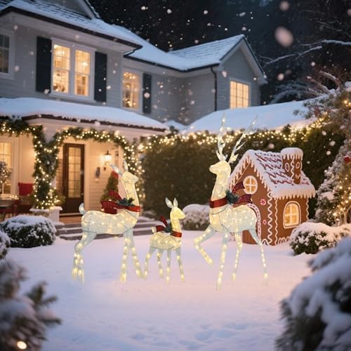 outdoor lighted deer family decor 3-piece set, front angle view