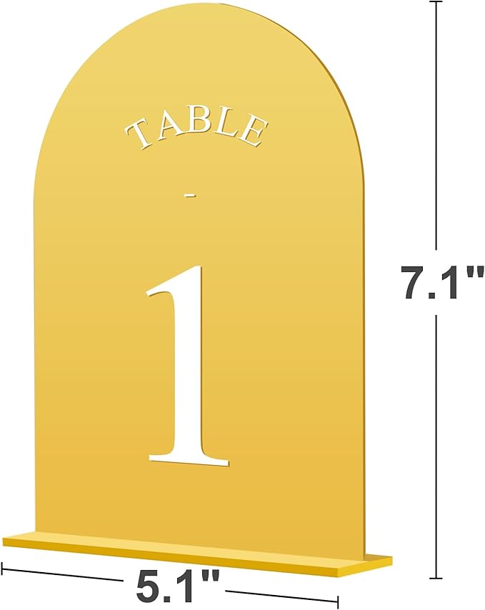 JOYIT Arch Wedding Table Numbers 1-20 with Stands – 5" X 7" Acrylic Mirrored Gold Table Number Holders, Perfect for Wedding Receptions, Parties, Anniversaries, and Events