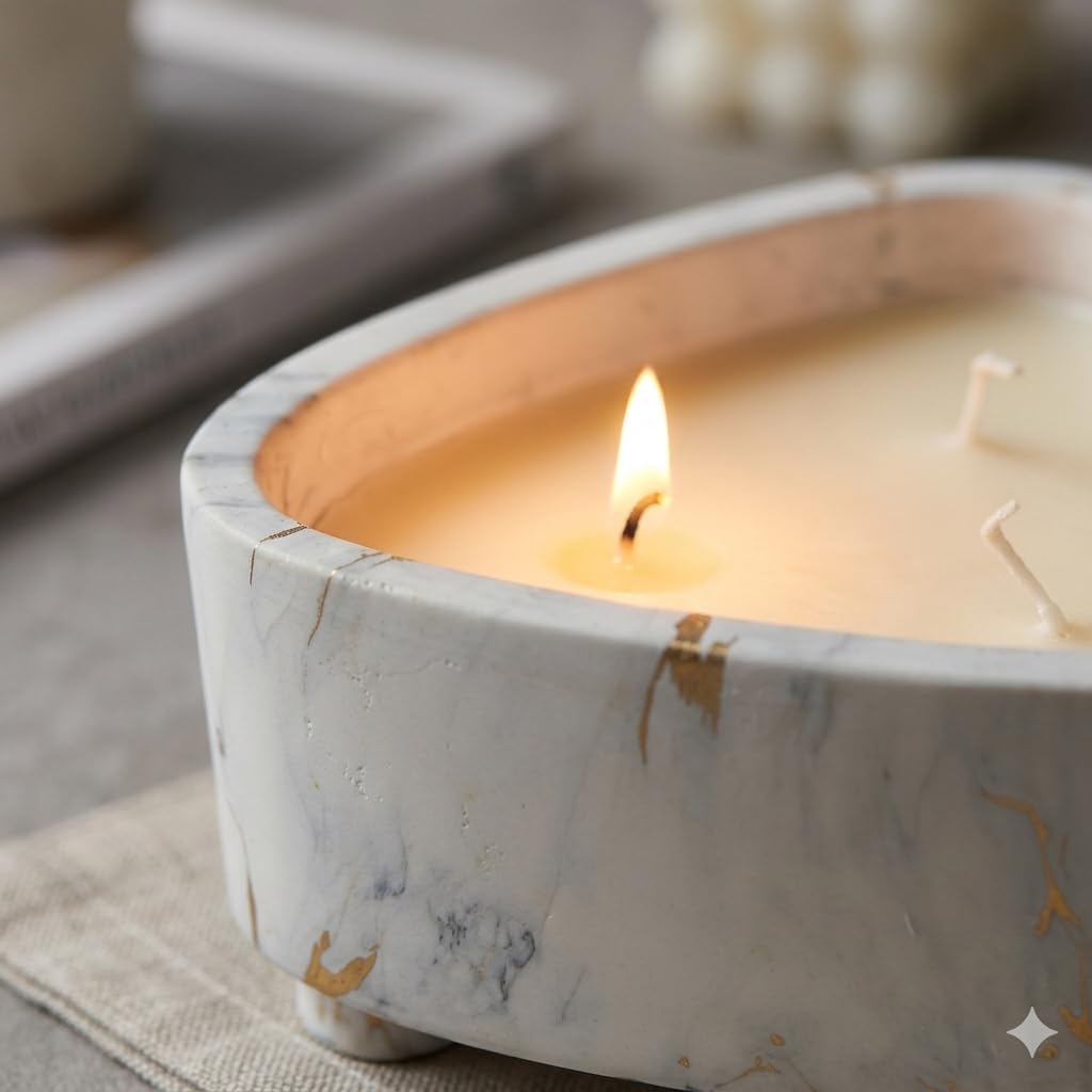 Floral Scented Triangular Ceramic Candle Bowl - 15 Oz, White & Gold, Reusable by Aria Home