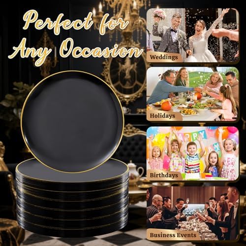festiva 400pcs black gold dessert plates 6.3" with, close-up detail