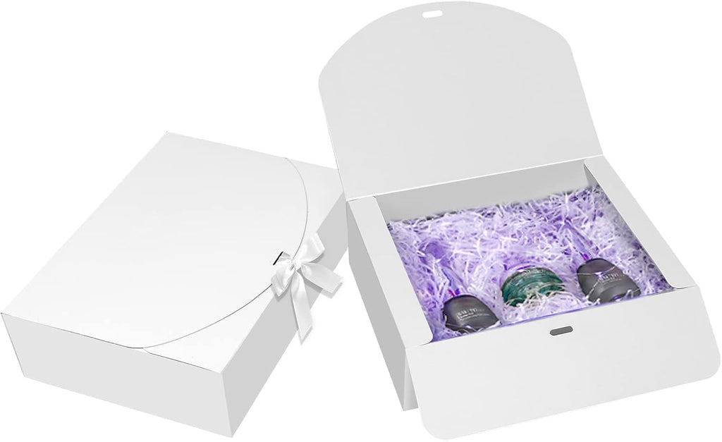 BoShahai 10 PCS Gift Boxes with Lids, 10.6x7.8x3.1 Inch Kraft Paper Gift Box, White with Ribbon, Bridesmaid Proposal Box for Wedding, Packaging, Present, Birthday, Cupcake