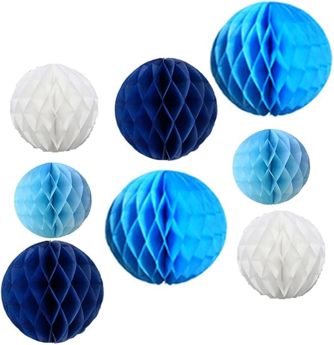 8pc Honeycomb Balls Party Decorations 6''8''10''12''Tissue Paper Pom Poms Flower Balls Hanging Paper Honeycomb Balls for Party Baby Shower Birthday Wedding Nursery Wall Decor Blue Set