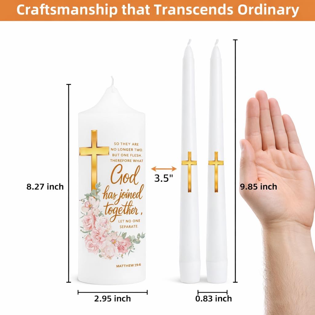 LakWilows Unity Wedding Candle Set with Distressed White & Gold Metal Holder, 3 Piece Wedding Ceremony Candles (8.27" Pillar + 2 Tapers), Cross & Matthew 19:6 Scripture, Catholic Gift for Couple
