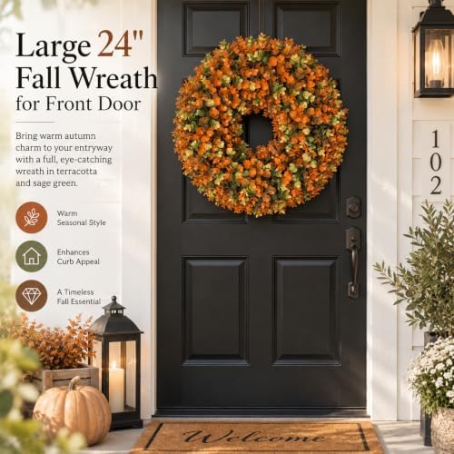 fall wreaths for front door, 24 inch faux shown in use