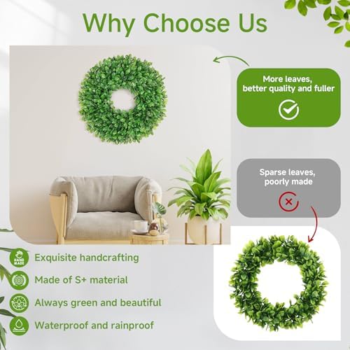 vlorart 24 inch faux round boxwood wreath, weatherproof showing dimensions