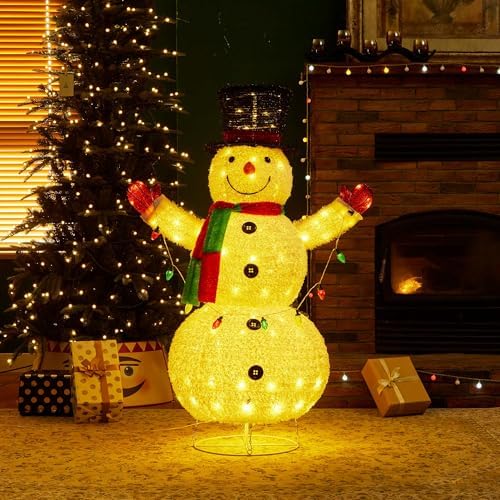 glitzhome 4ft lighted pop-up christmas snowman, large pre-lit showing dimensions