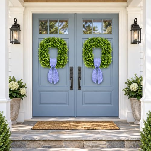 24'' large square green boxwood wreaths for front shown in use
