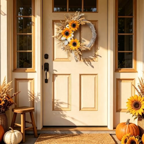 20 inch sunflower fall wreath for front door, front angle view