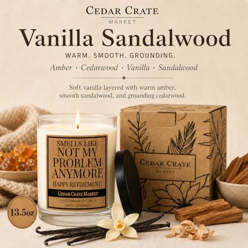 Retirement Gift for Woman, Men 2026 - Funny Vanilla Sandalwood Candle, 13.5oz, 60+ Hr Burn, USA Made Soy Wax - Farewell Gift for Coworker, Mom, Dad, Teacher, Nurse, Boss, Friend, Sister, Brother