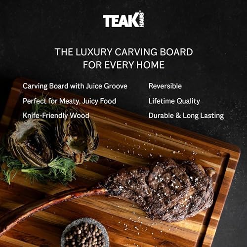 teakhaus edge-grain teak wood cutting board with juice, front angle view