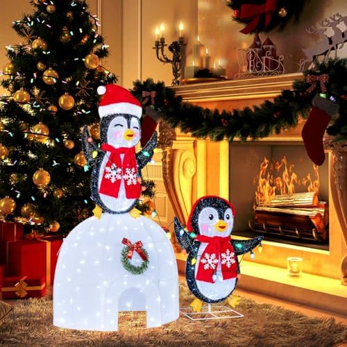 tangkula lighted christmas penguins & igloo, 3d north, close-up detail