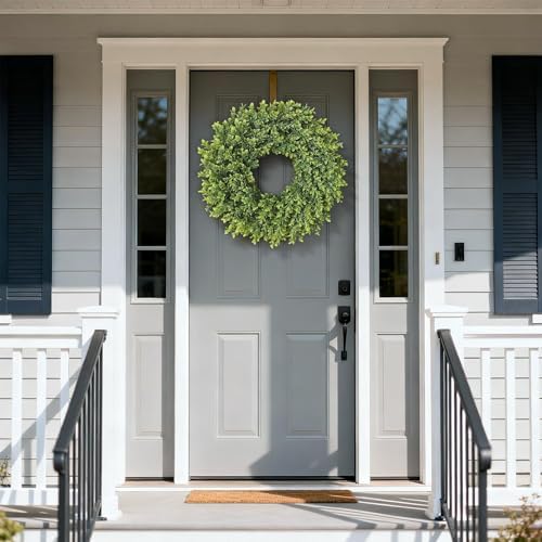 26"artificial boxwood wreath, large fake hanging plant for, front angle view