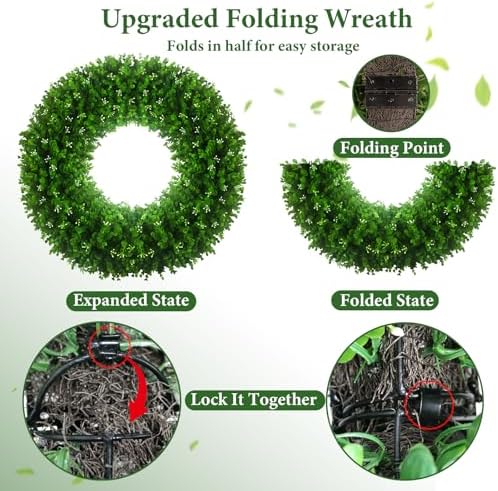 32'' large boxwood wreath, foldable green wreath with shown in use