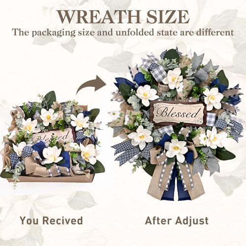 waipfaru wreaths for front door, 22 inch magnolia, close-up detail