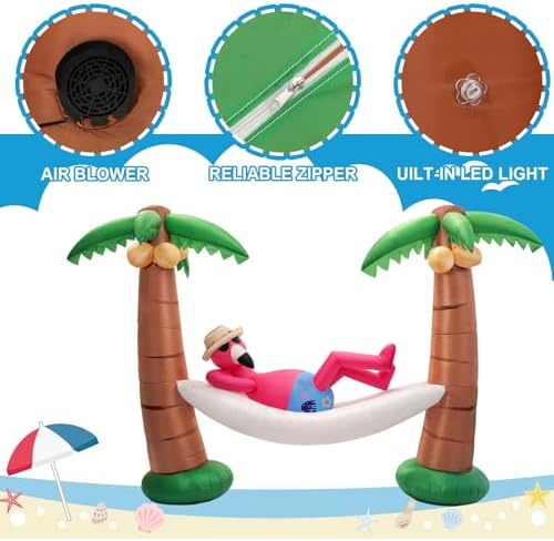 shappy 5ft inflatable palm tree, led lighted flamingo, close-up detail