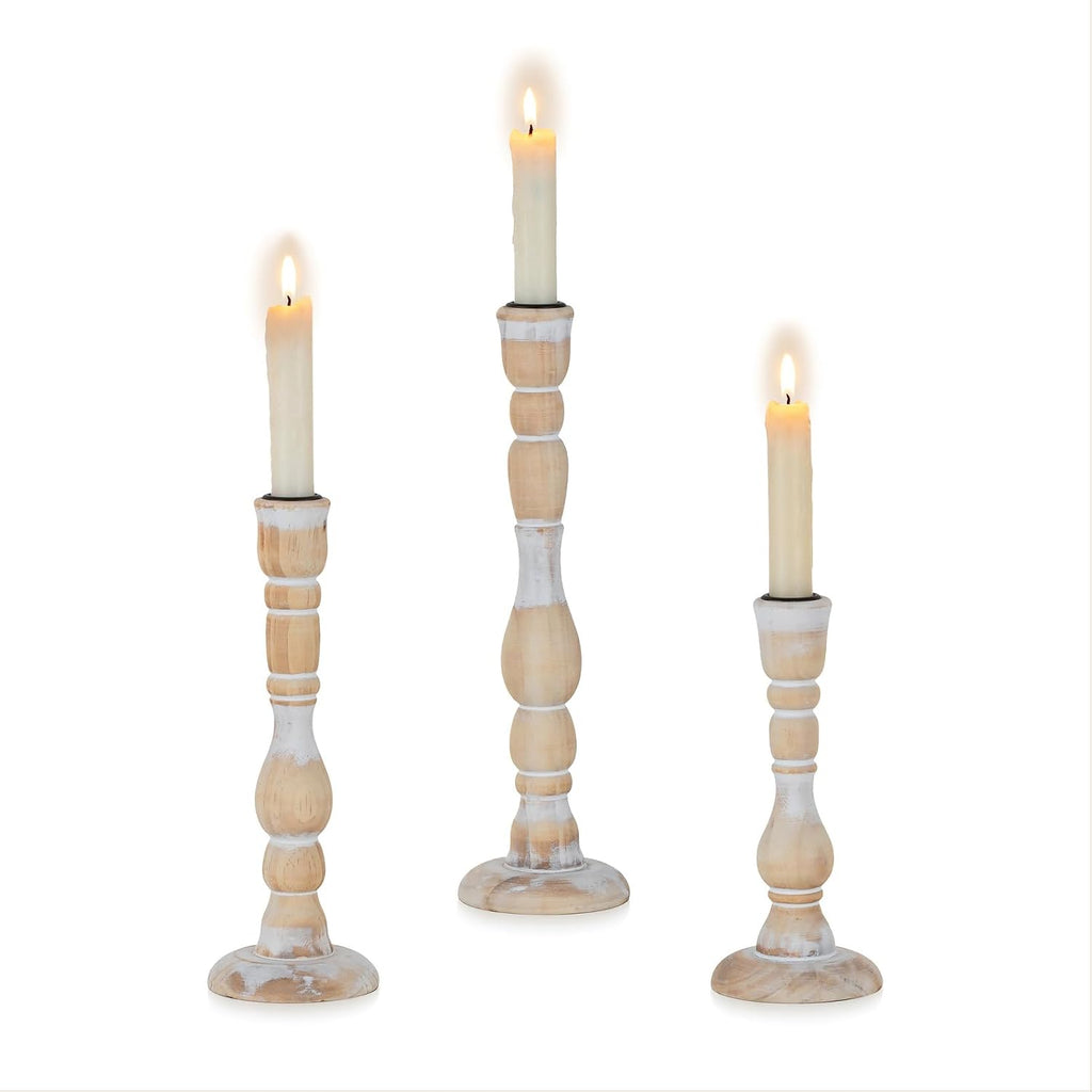 NUPTIO Tall Wooden Candle Stick Holders, Set of 3, Whitewashed | Vintage Farmhouse Boho Style, Rustic Wood Finish, Natural Solid Pine Wood, for Christmas Mantels, Gift Giving