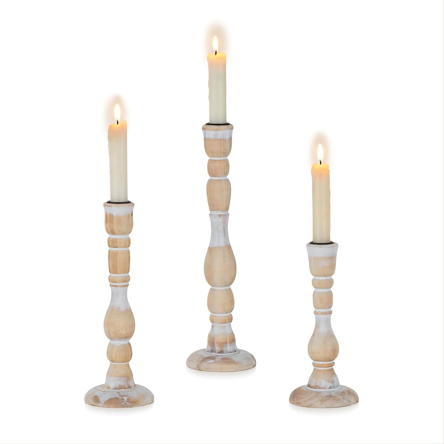 NUPTIO Tall Wooden Candle Stick Holders, Set of 3, Whitewashed | Vintage Farmhouse Boho Style, Rustic Wood Finish, Natural Solid Pine Wood, for Christmas Mantels, Gift Giving