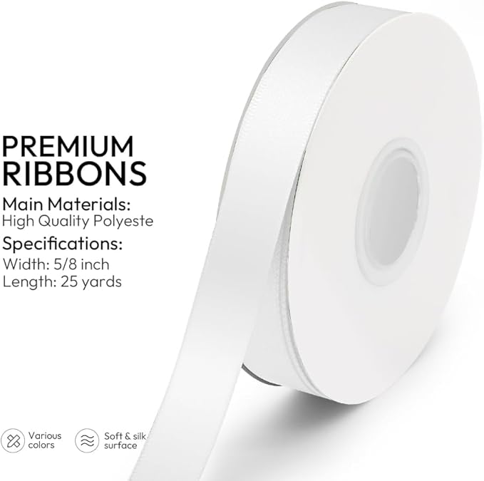 KMER LIFE 5/8 inch x 25 Yards Double Faced Polyester White Satin Ribbon, Perfect for Gift Wrapping Very Suitable for Weddings Party Hair Bow Invitation Decorations and More