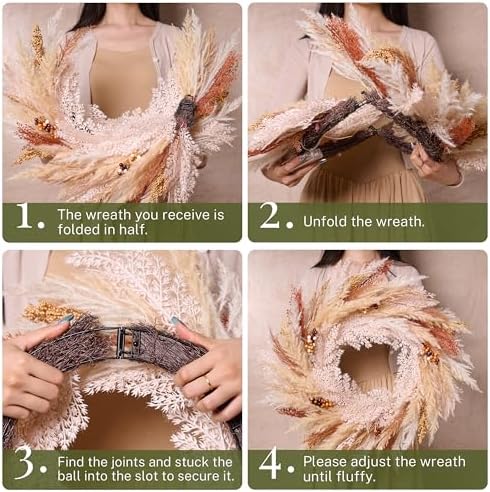 decorbyhannah 24'' neutral fall pampas wreath with lights, side view