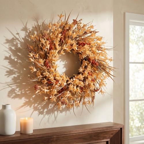 26" large fall wreath for front door, autumn, front angle view