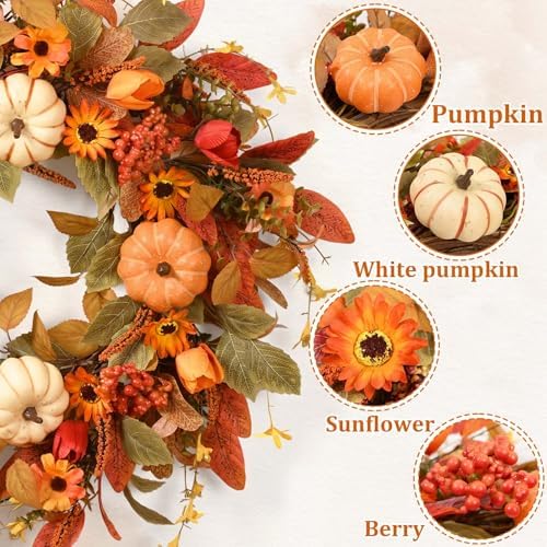 waipfaru 26" fall wreaths for front door outside, close-up detail