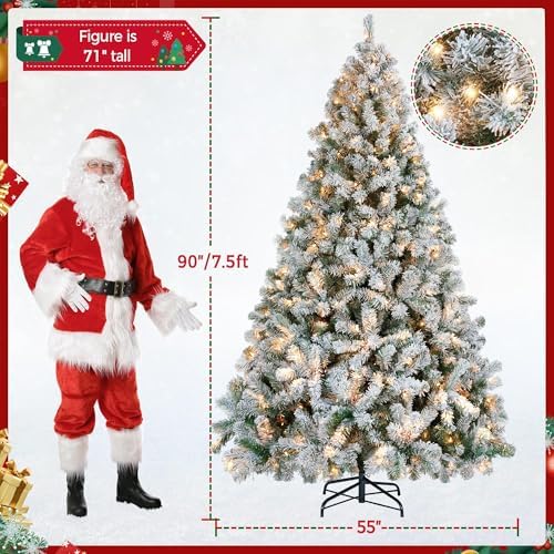 yaheetech 7.5ft pre-lit snow flocked artificial christmas tree, side view