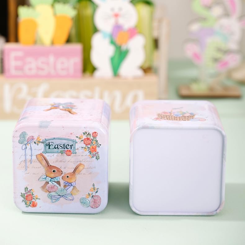 Easter Rabbit Square Metal Storage Tin (Style D) - 2.95" Vintage Bunny & Flower Treat Box, Decorative Small Tinplate Organizer for Candies, Jewelry, Reusable Holiday Keepsake Container & Party Favors
