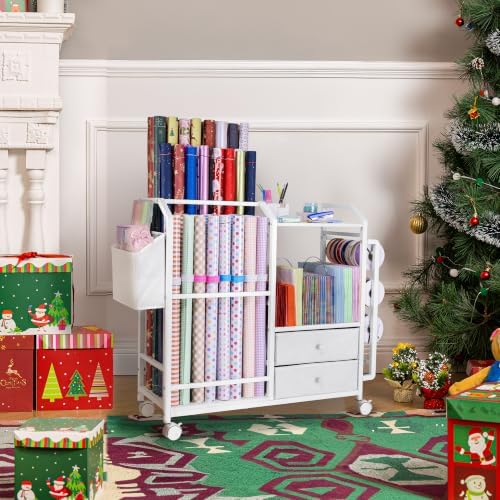 aquzee wrapping paper storage, rolling gift wrap station, front angle view