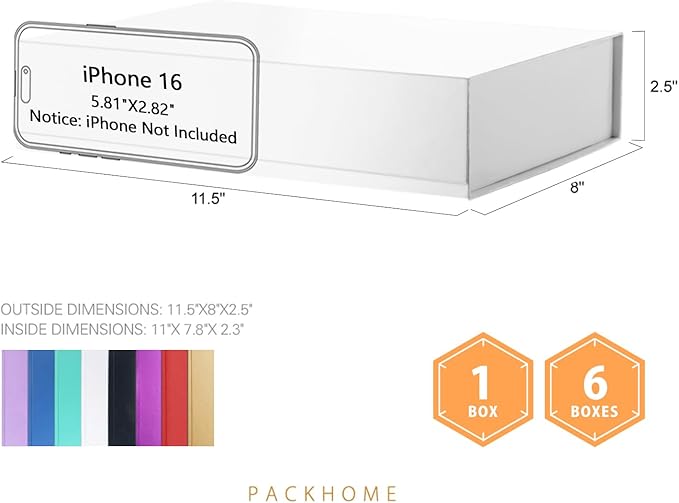PACKHOME 6 Gift Boxes 11.5x8x2.5 Inches, Sturdy Shirt Boxes with Magnetic Lids for Multiple Occasions (Glossy White)