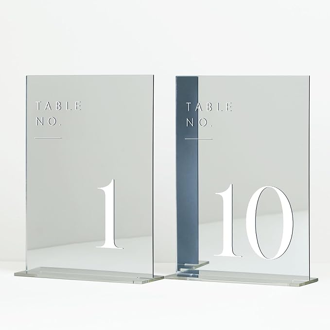 JINMURY Sliver Wedding Table Numbers 1-10 with Stands, 5"x7" Sliver Mirror Acrylic Table Numbers for Wedding Reception(Sliver Mirror White Font, Number 1-10, 5"x7")