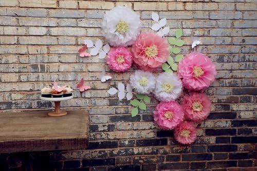 Fonder Mols Tissue Paper Chrysanth Flowers with Butterfly and Olive Leaves for Wedding Baby Shower Nursery Room Parties & Events Decorations Pom Poms (White Light Pink Pink)