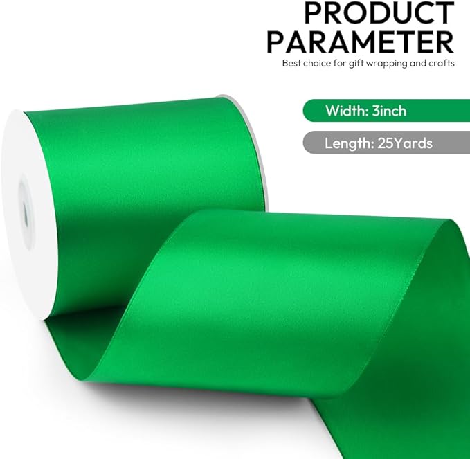 3 Inch 25 Yard Wide Satin Ribbon Green, Solid Fabric Large Ribbon Roll for Cutting Ceremony Wedding Opening Party Decoration, Chairs, Sewing, Festival Pageant Sashes