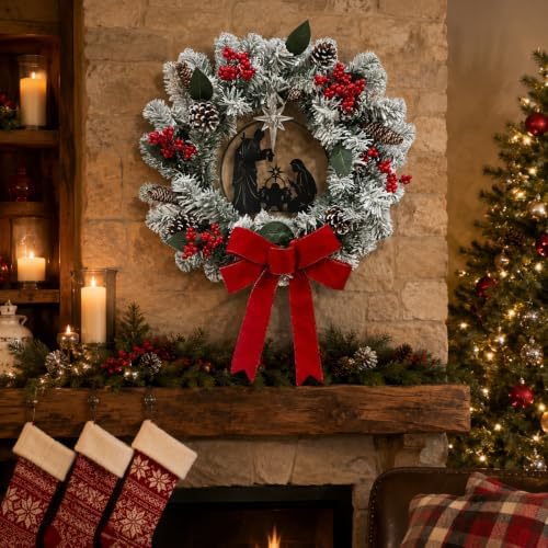 svndlyn 22 inch lighted christmas wreath with nativity on a desk or shelf